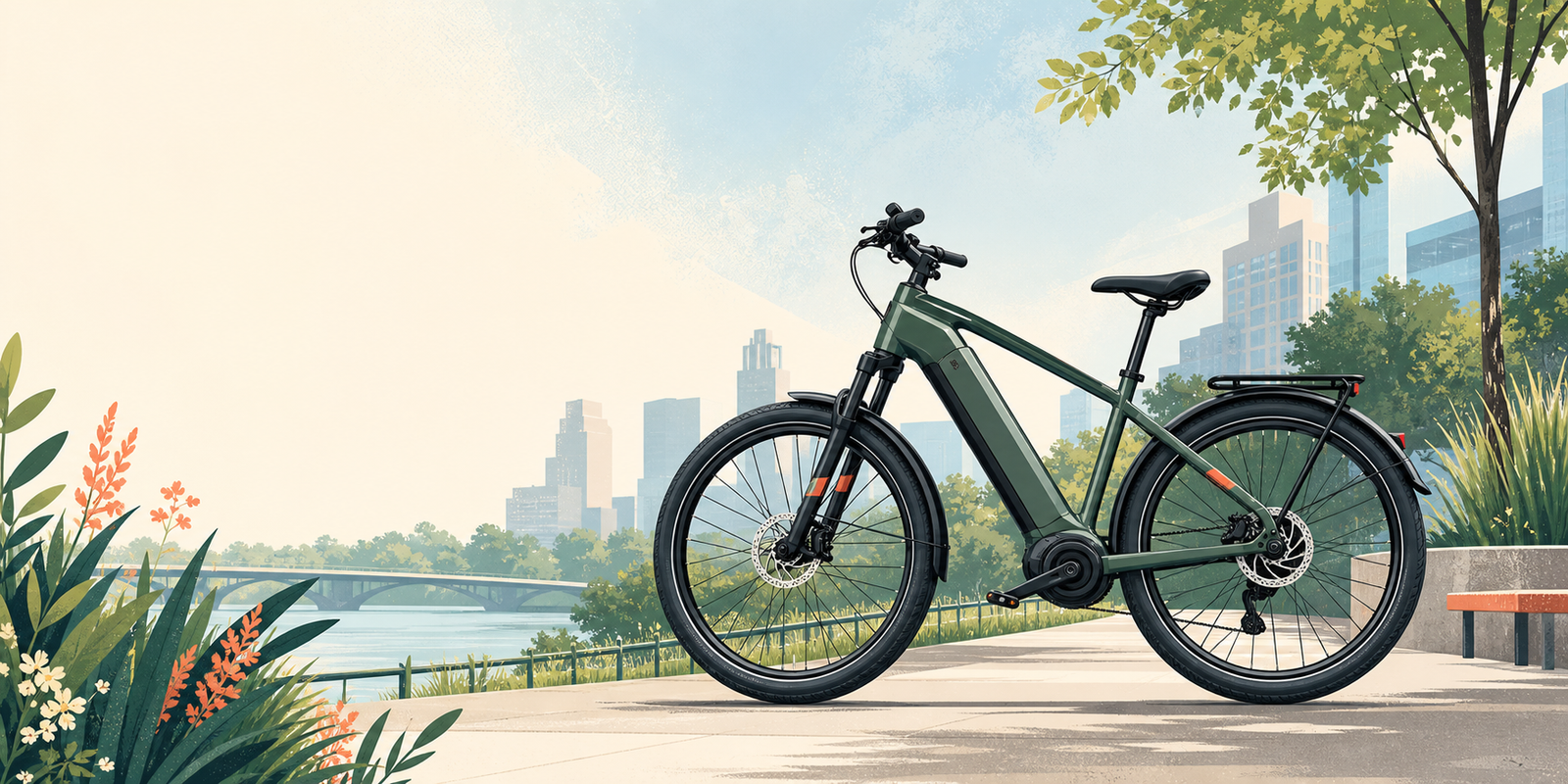Illustrated electric bicycle on a city greenway